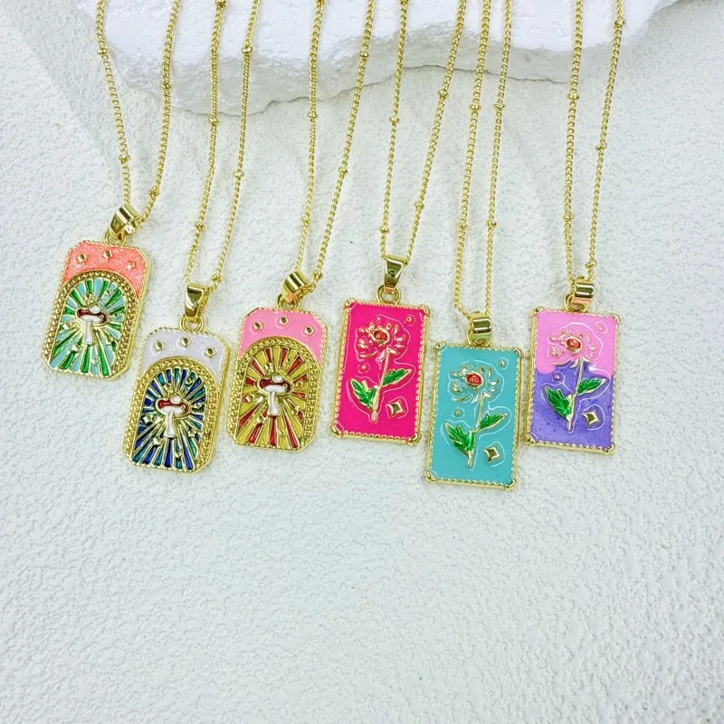 4Pcs copper fashion enamel rose mushroom square tarot pendant necklace popular versatile DIY pendant accessories material