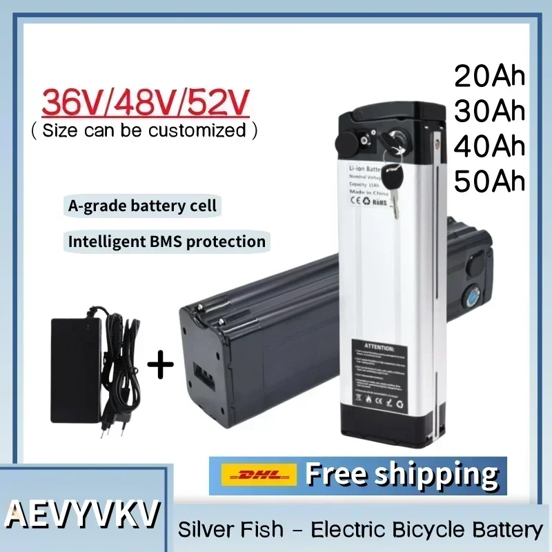 36V/48V/52V 20Ah-50Ah Silver Fish Lithium Ebike Bateria Akku 500W  50Ah Li ion Electric Bike Bicycle 48V 18650 Battery Pack