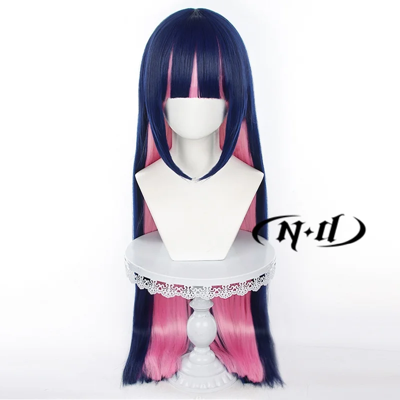 أنيمي اللباس الداخلي والجوارب تأثيري الباروكات مع حزام الرباط ، طويل مستقيم الشعر الاصطناعية ، الأزرق والوردي ، ألوان مختلطة ، الجوارب الثانية ، الفوضى