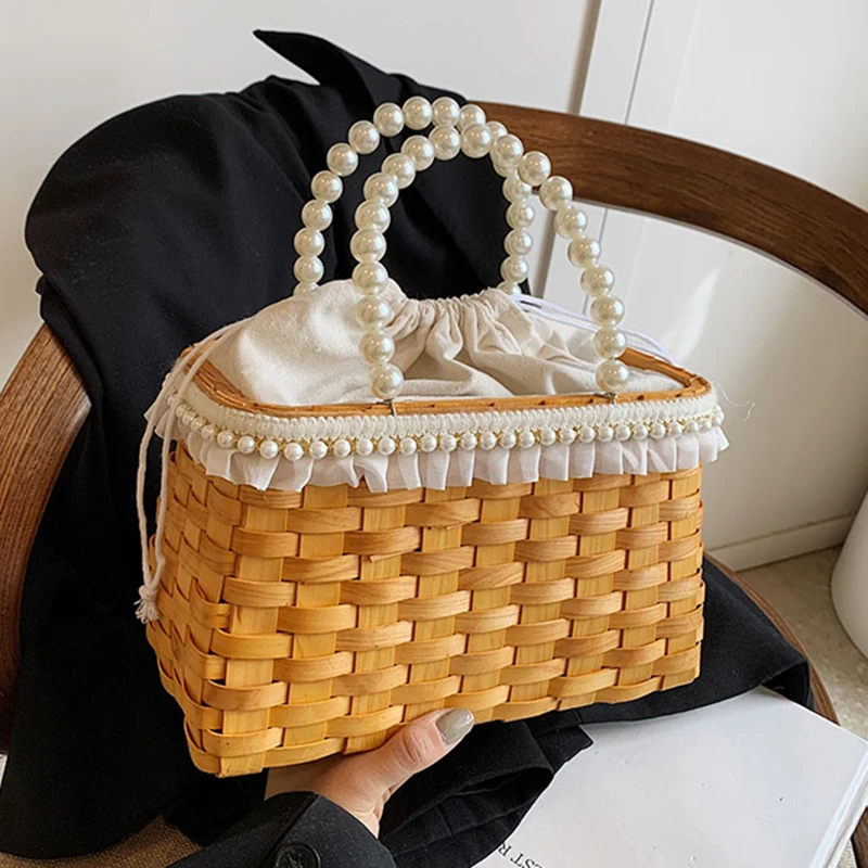 New Women Straw Bags and Handbags Summer Rattan Handmade Tote Bags Ladies RibbonsSummer Beach Basket Bag Pearl Beads Travel Bag