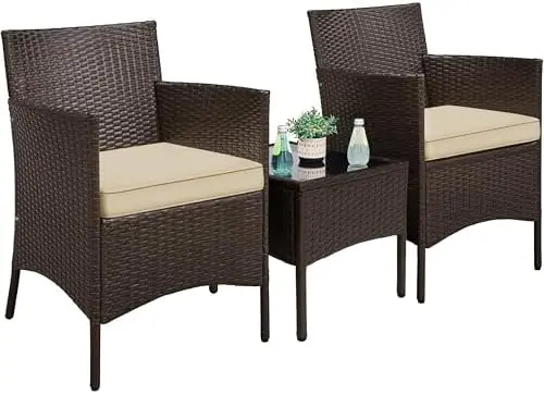 3 Pieces Patio Porch Furniture Set, Outdoor PE Rattan Wicker Conversation Set with Soft Cushions, Glass Coffee Table &