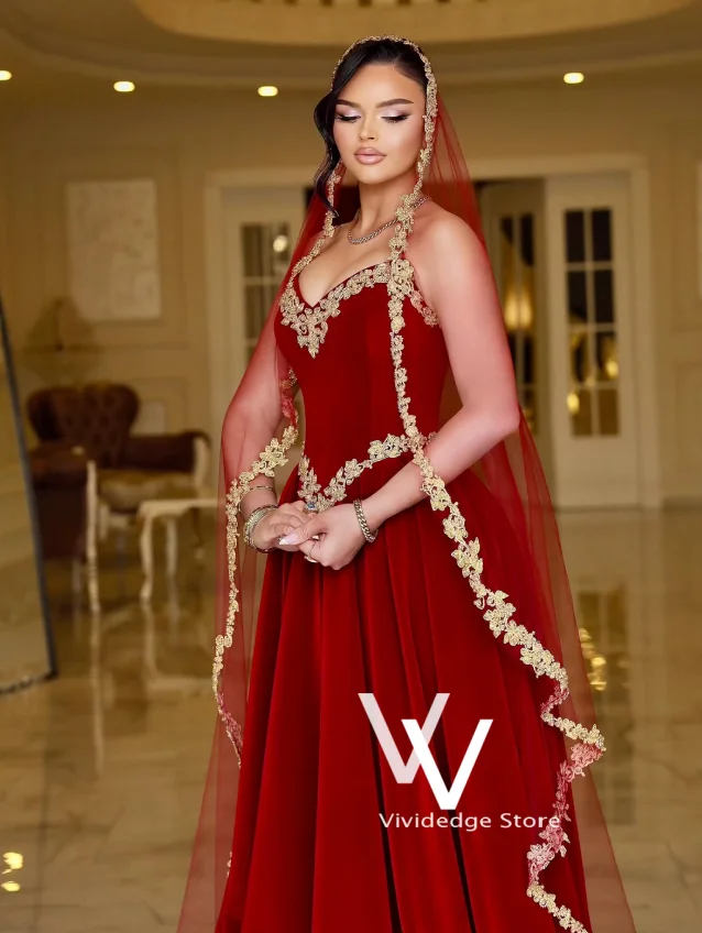 Velvet Traditional Albanian Bridal Dress V-Neck Elegant Gold Lace Embroidered Curacao A-Line Women's  Wedding Gowns Customized