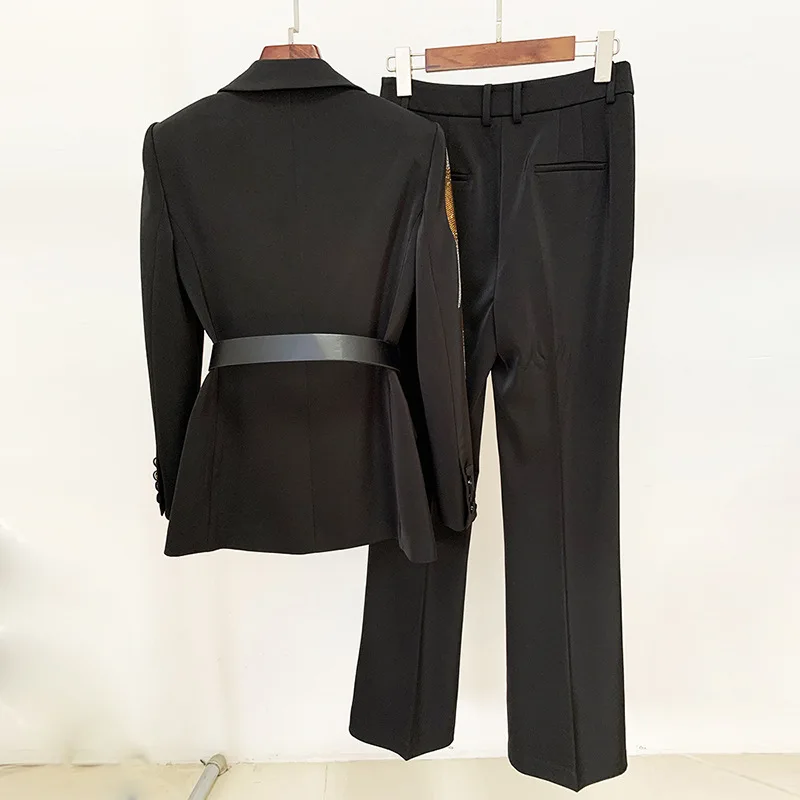 Traje de 2 piezas para mujer, Blazer negro con cinturón de diamantes calientes de colores, pantalones acampanados, traje de fiesta de negocios para mujer, nueva moda