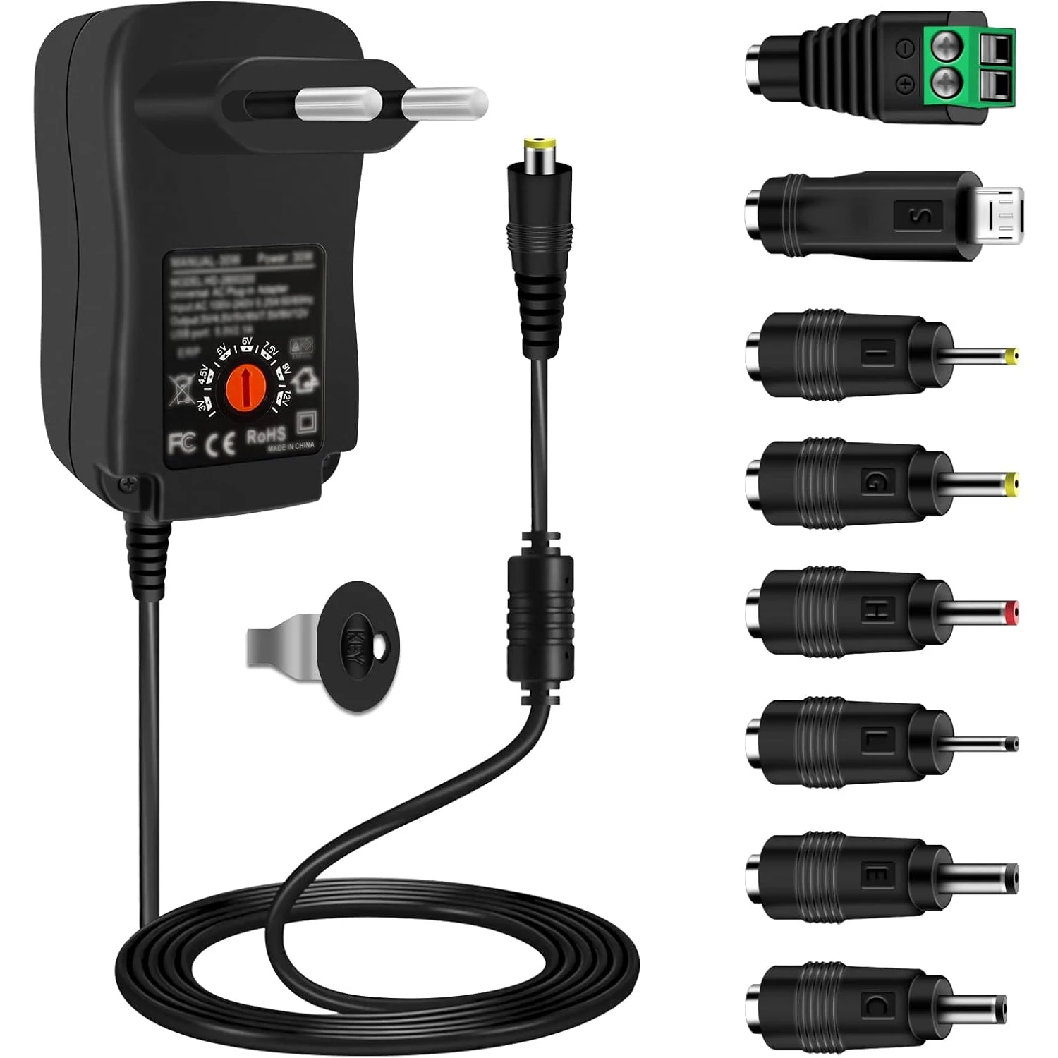 

Universal Power Supply 30W AC to DC Adapter 3V-12V 2A with 5V 2.1A USB Port 8 DC Plugs EU/US Plug for LED Strip CCTV Router TV