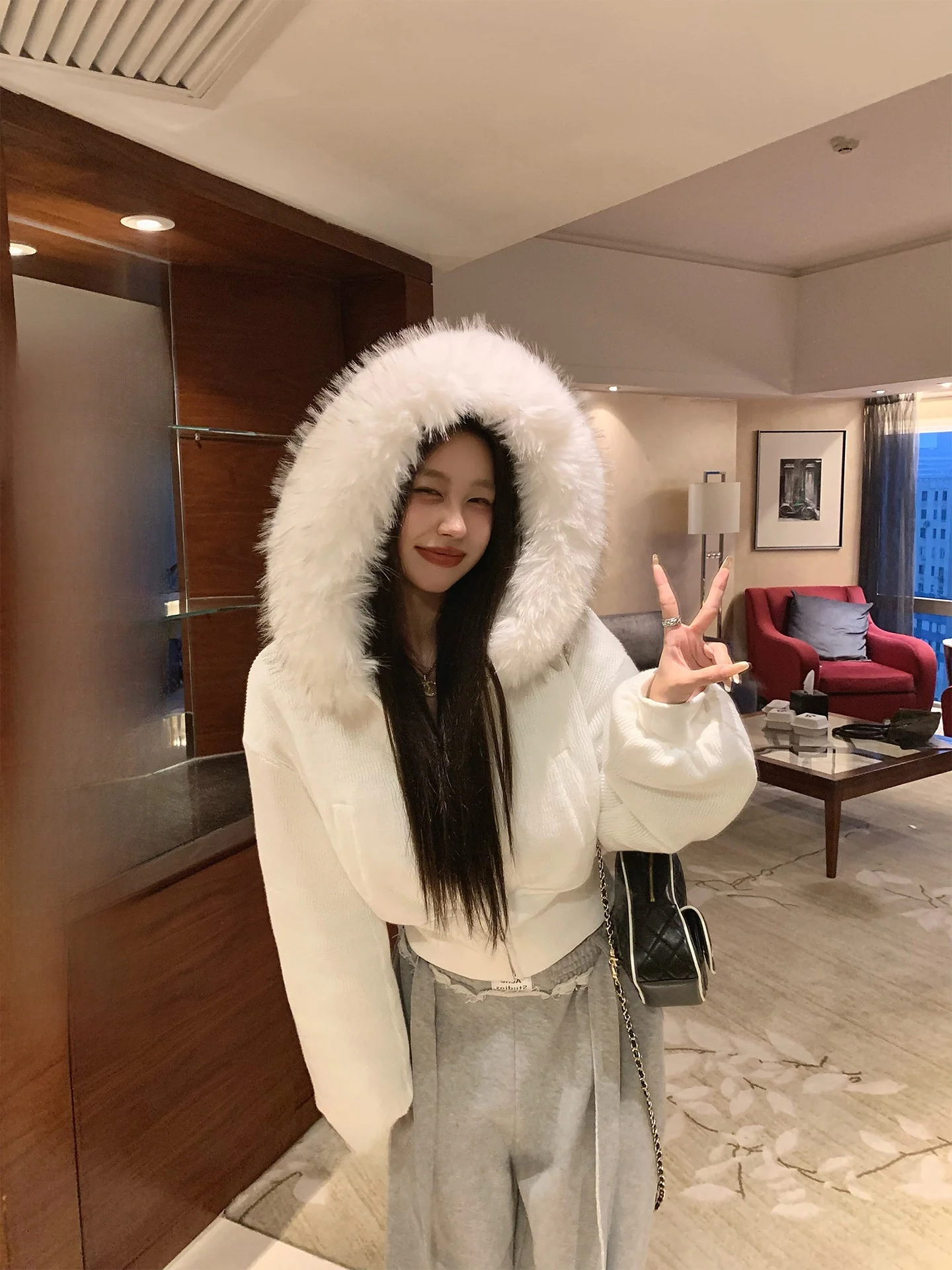 

Slimming Knitted Cotton Jaet with Hood And Fur Collar by 23TH ALTER Korean Sle Commute Faion ort Zipper Closure