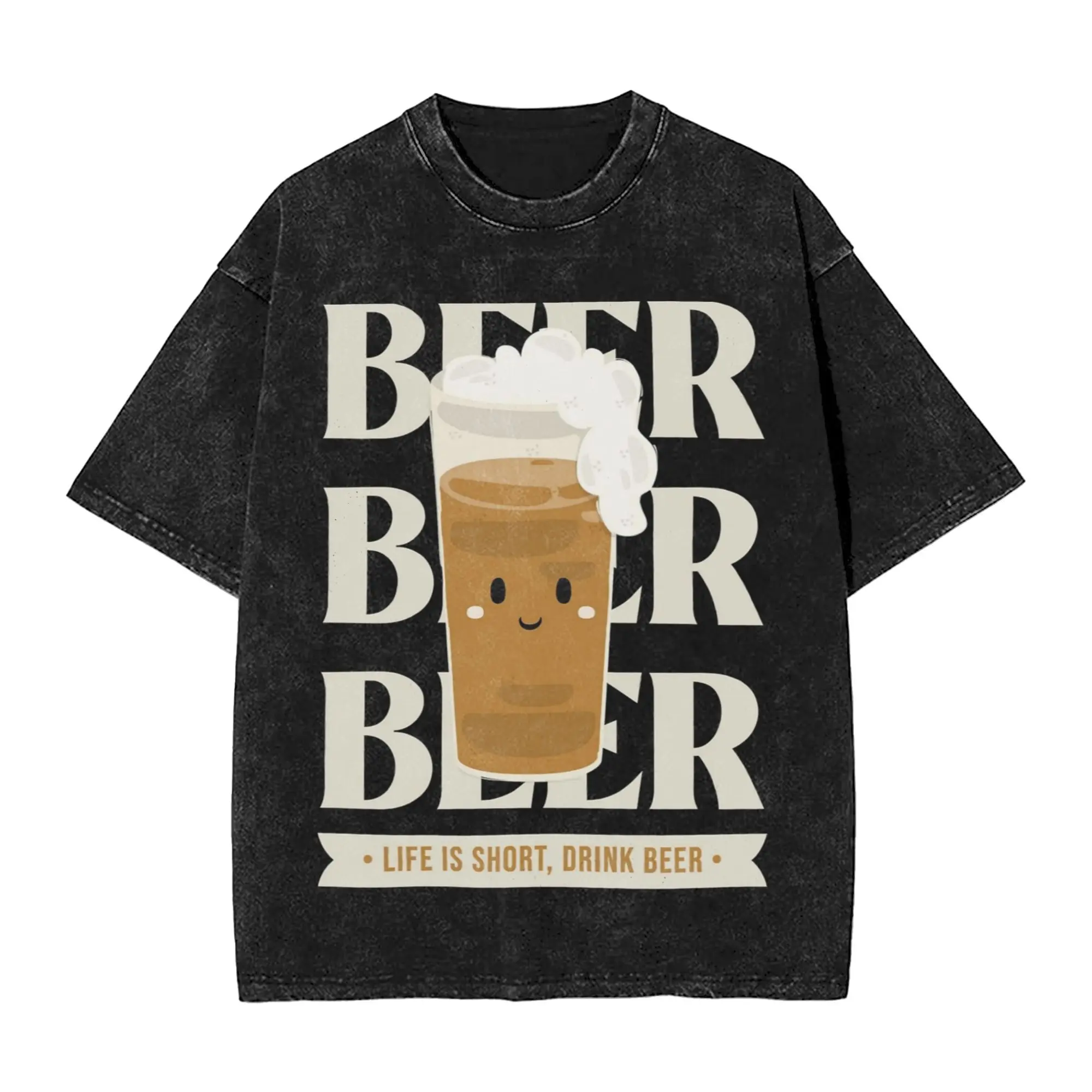 تي شيرت رجالي من Life is Short Drink Beer International Beer Day مغسول بأكمام قصيرة ورقبة دائرية، ملابس قطنية جرافيك