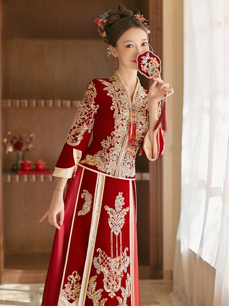 

Свадебное платье V-образного выреза в китайском стиле для невесты, большие размеры, для невысоких, для свадебной церемонии и церемонии тостов