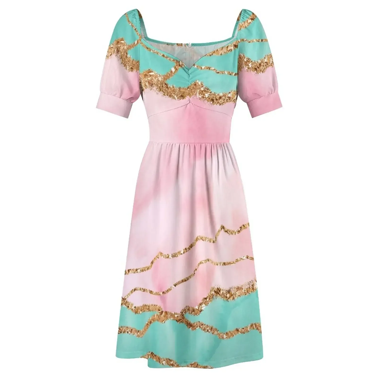 Vestido femenino de tendencia rosa y verde océano con paisaje de mármol sintético sin mangas, vestido de fiesta, vestidos de mujer, vestido de verano 2025