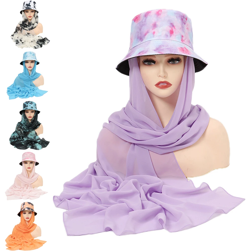 

New Muslim Women Bucket Hat with Chiffon Hijabs Summer Sports Cap with Chiffon Hijab Ready To Wear Instant Hijab Islam Headscarf