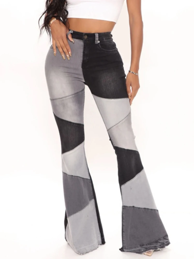

Jeans Flare Pants Women Vintage Patchwork Trousers Skinny Stretch High Waist Distressed Washed Y2k Denim 2025 Streetwear