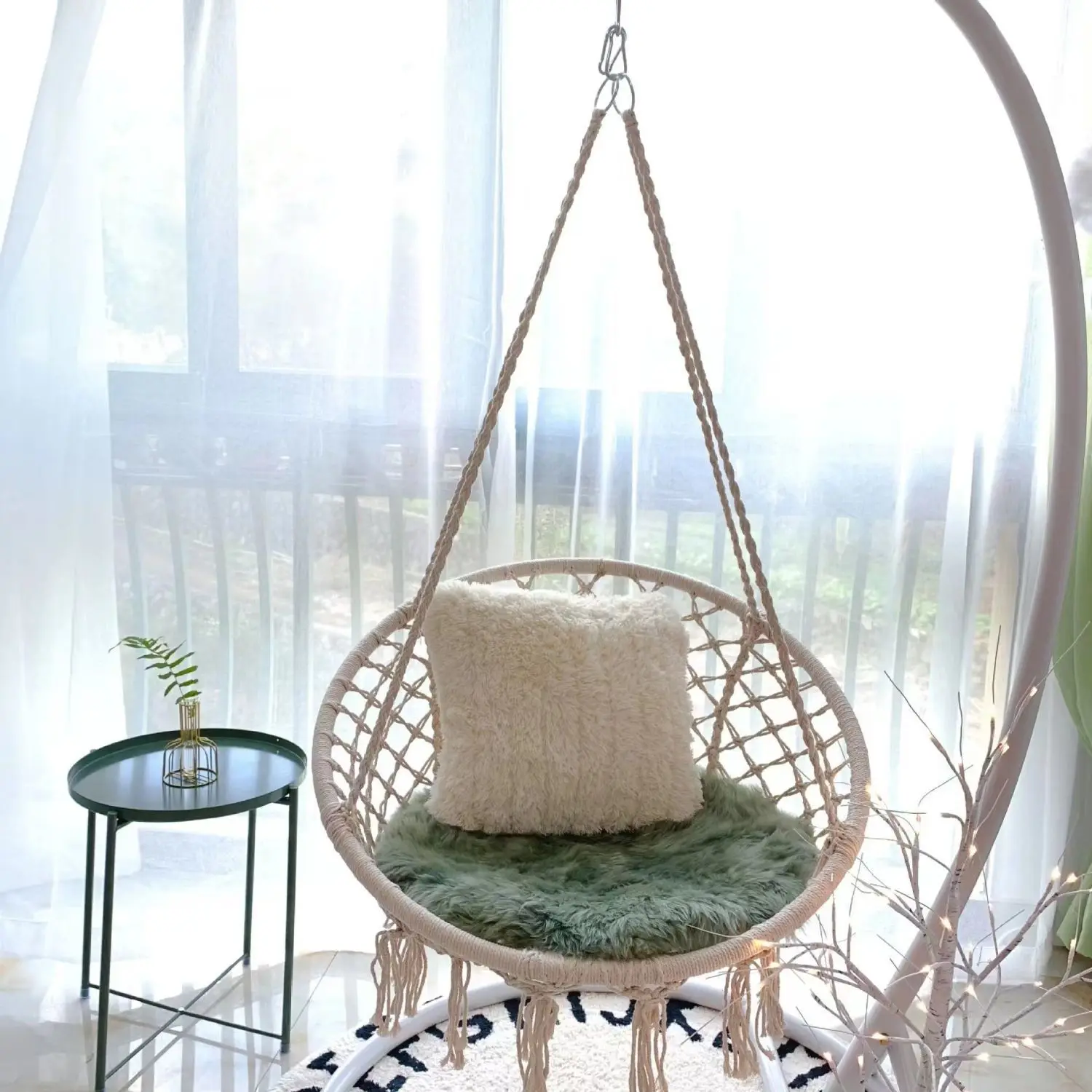 Hanging Swing Outdoor Chair Hand-knitted Tassel Comfortable Sturdy Lace Hammock for Indoor Hammock Chair with Pillow