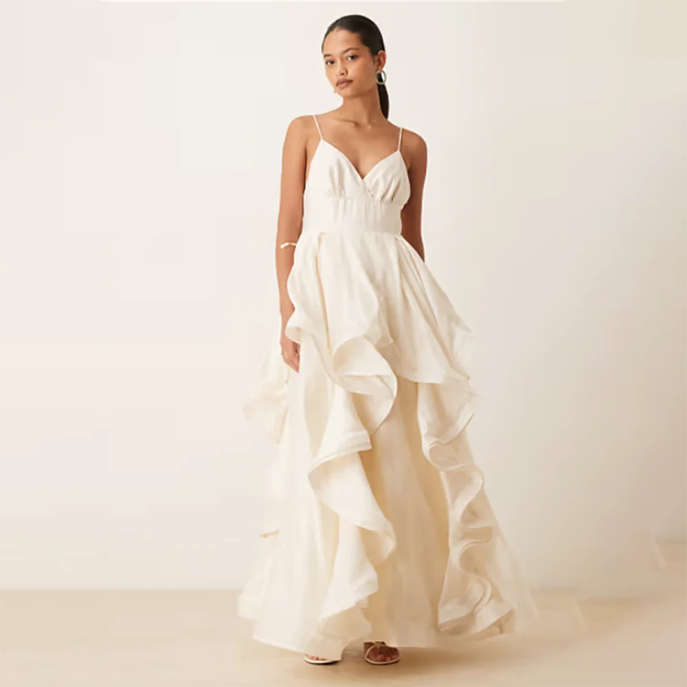 

Women's Formal Evening Gowns V Neck Spaghetti Strap Evening Dresses A Line Ruffle Elegant Formal Party Gowns Luxury Formal Gowns