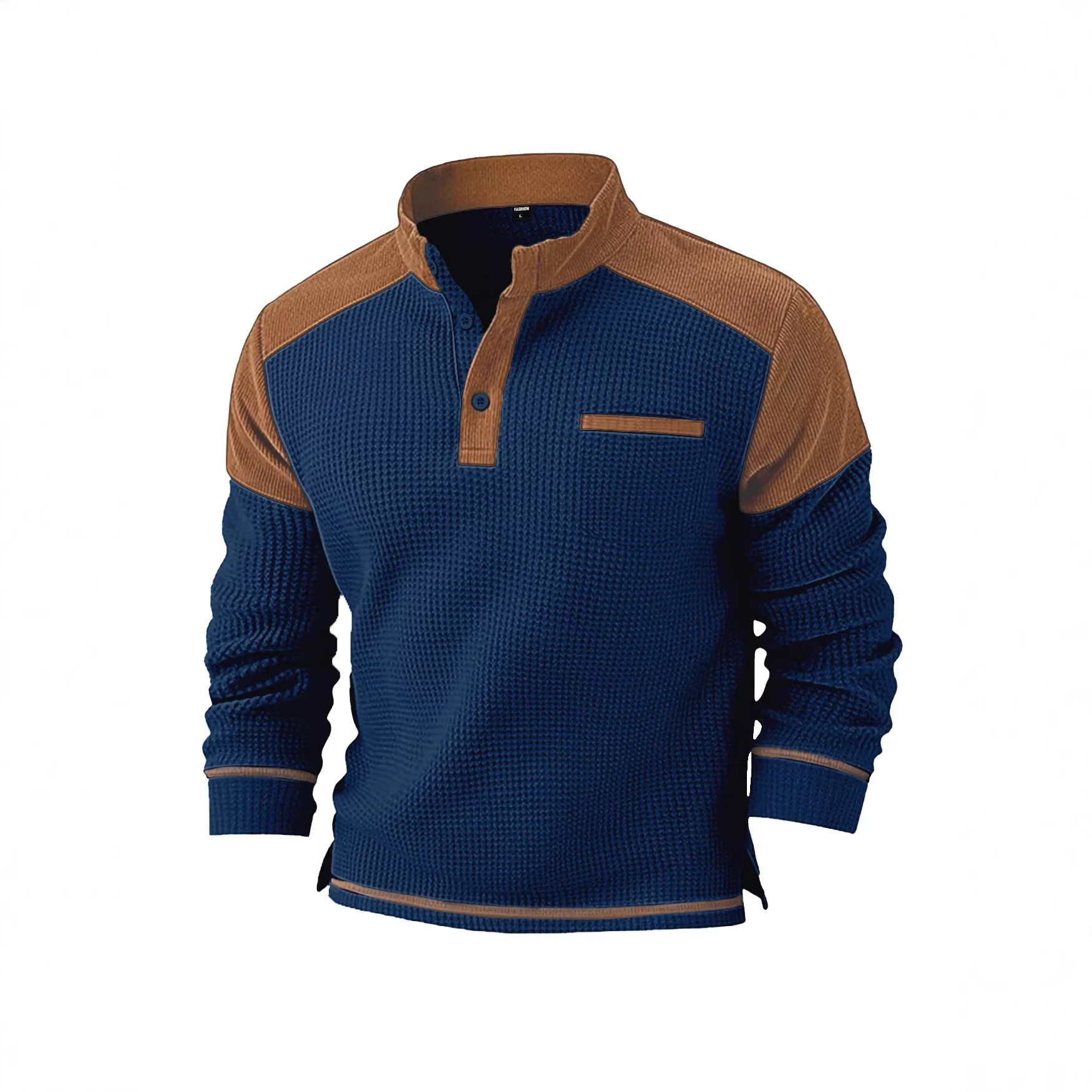 Spring and autumn new men's waffle casual stand-up collar long-sleeved denim pullover