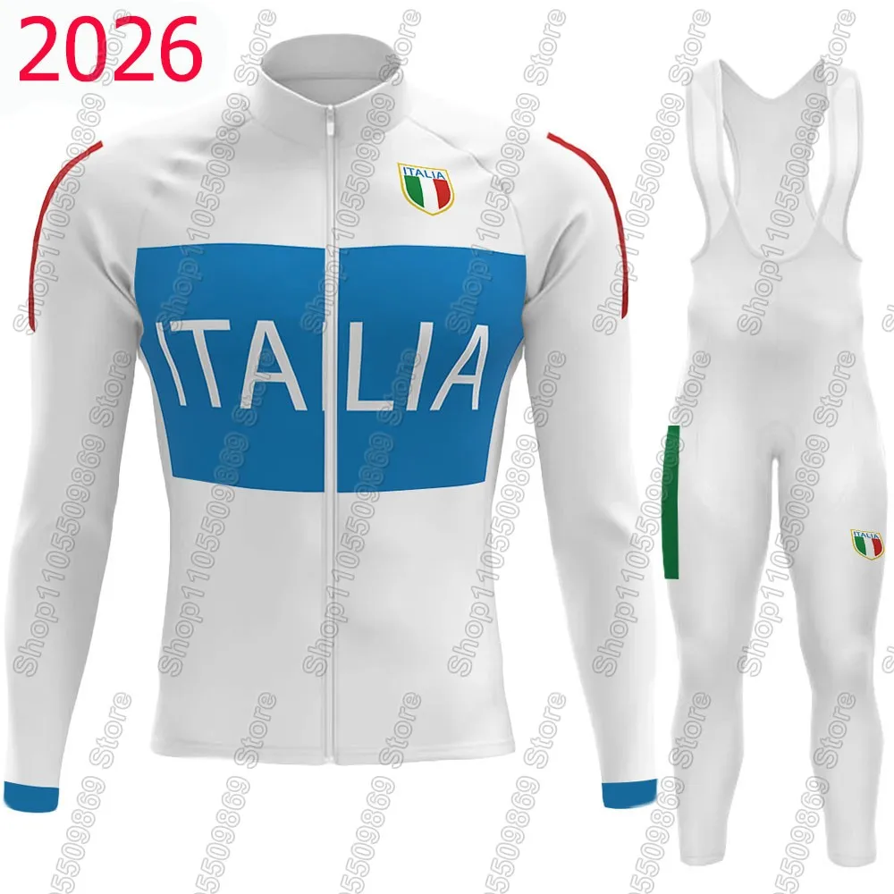 Conjunto de Ciclismo da Seleção Italiana 2026: Camisa de Ciclismo Masculina de Manga Longa e Calça com Bretel para MTB e Estrada - Roupa Ciclismo
