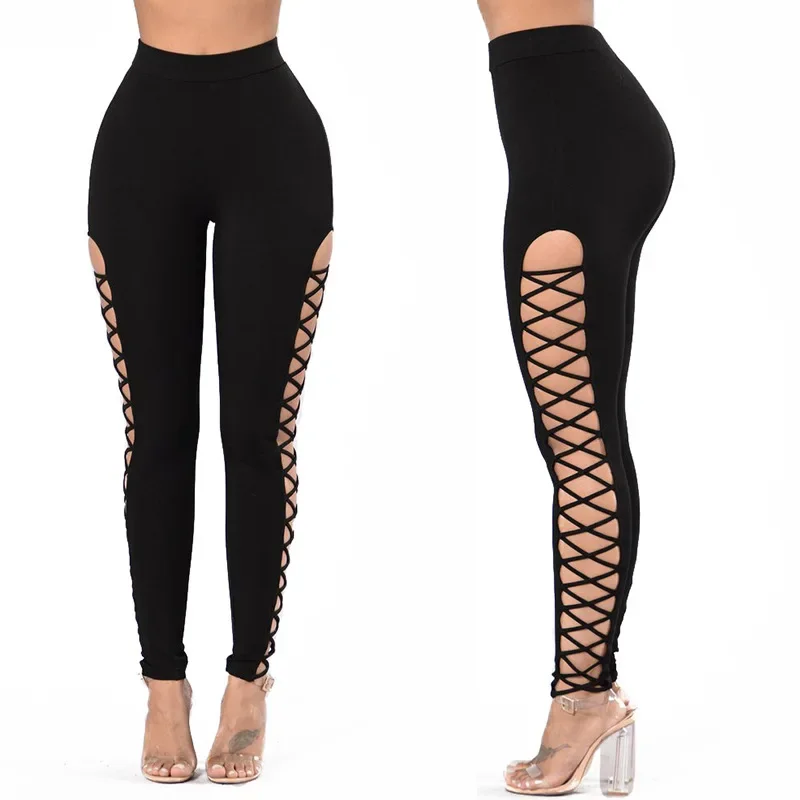 Womens Leggings Spring and Autumn New Strap Cropped Pants with Side Cross Underpants Strap Women's Feet Pants