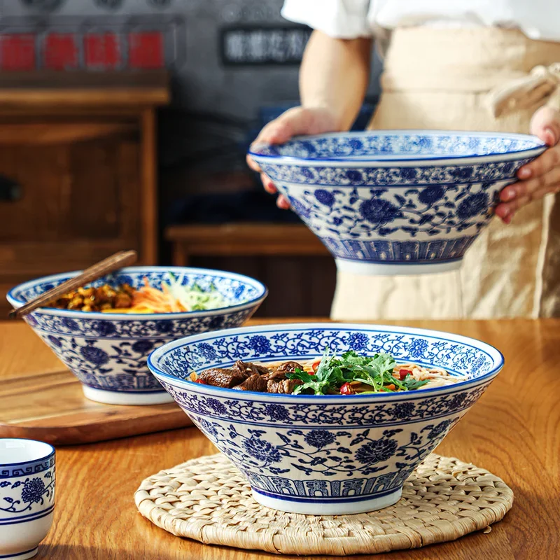 Korean Creative Trumpet Bowl Ceramic Japanese Blue and White Porcelain Tableware Big Bowl Ramen Home Restaurant Kitchen Supplies