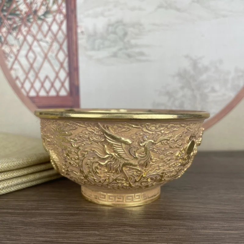 Ancient gilt dragon and phoenix bowl ornament, vintage Chinese-style home, study, office decoration, gift, collectible display p