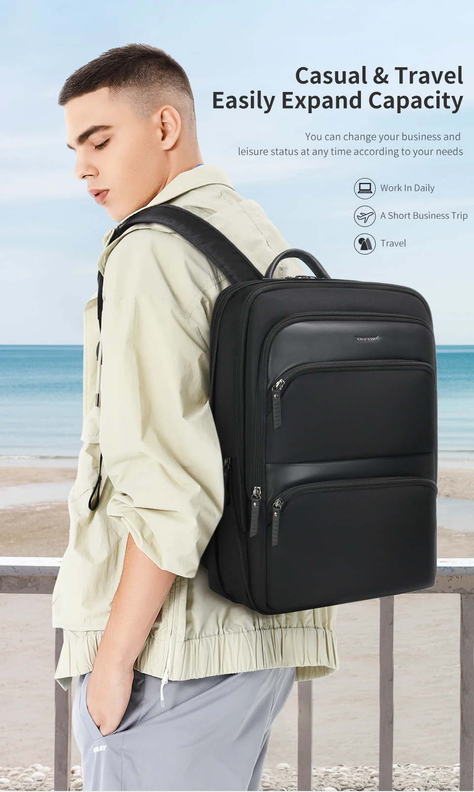 Tigernu Erweiterbare Rucksäcke Für Männer 15,6 zoll Laptop Rucksack Männliche Dünne Business Rucksäcke Schule Reisetasche College Schul – Detail 5