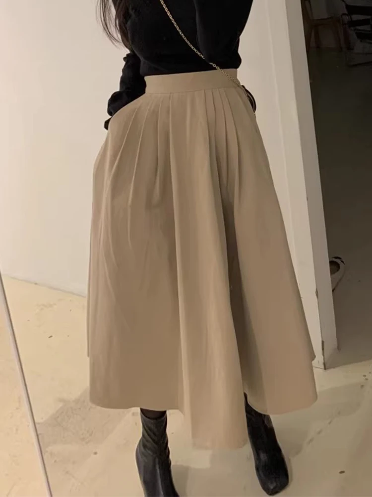 Chique A-lijn rok met hoge taille Vintage geplooid ontwerp Lange midi-rok Dames Faionable Veelzijdige afslankende f-lengte rok