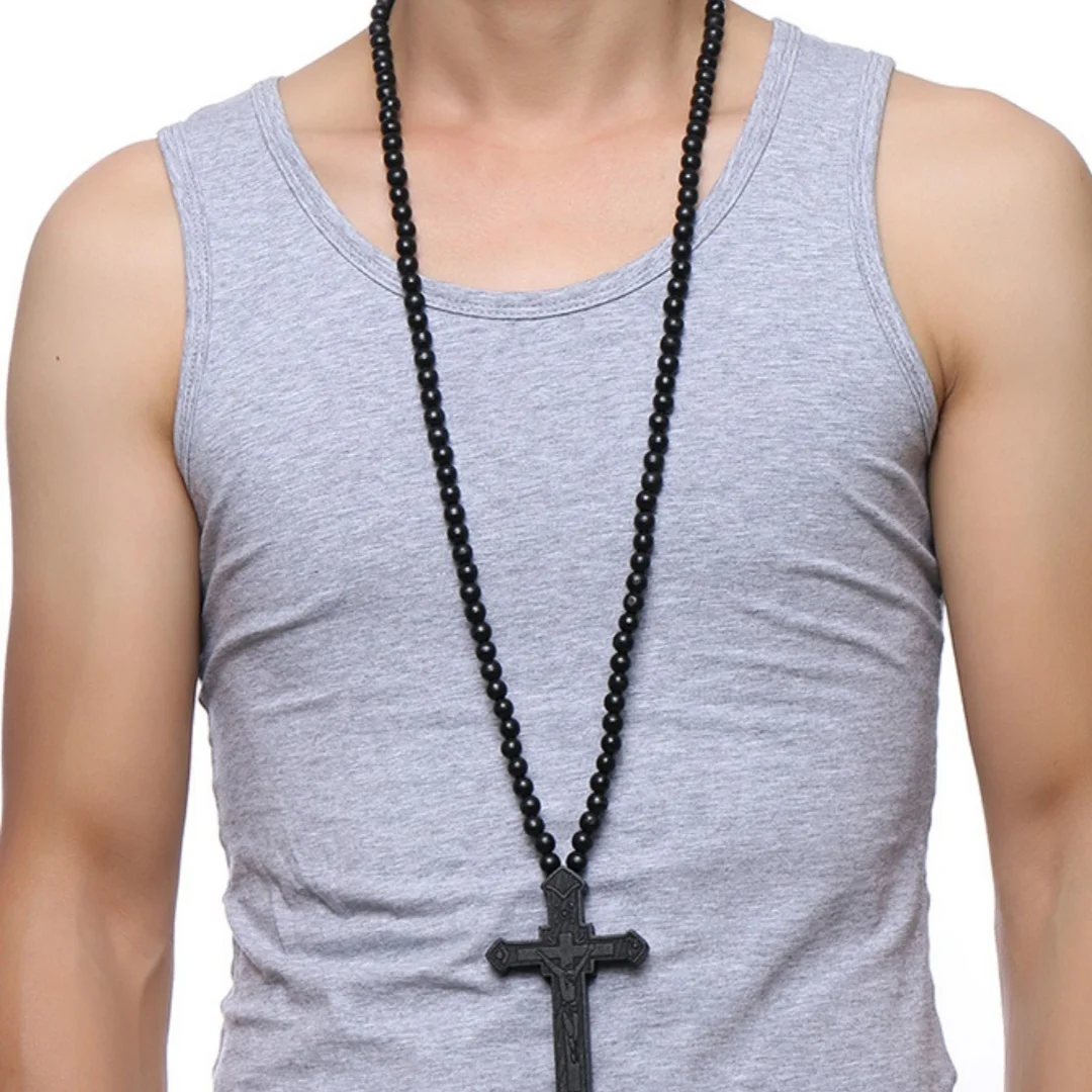 Rosary Necklace Large Wood Jesus Christ Cross Pendant With Wooden Beads Sweater Chain Jewelry Dad  Boyfriend Valentine's Gift - view 6