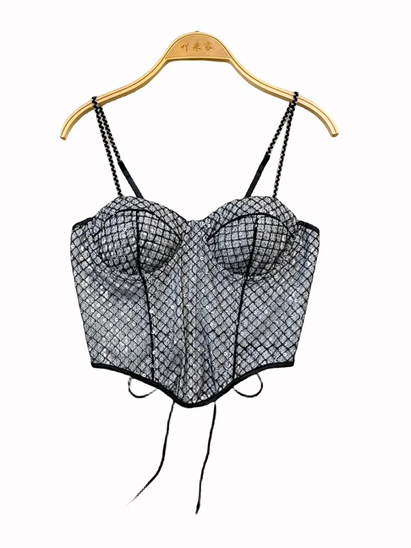 Foamlina 2025 été Niche Unique Plaid haut à paillettes Style européen Sexy dos nu licou sangle gilet élégant court Bustier