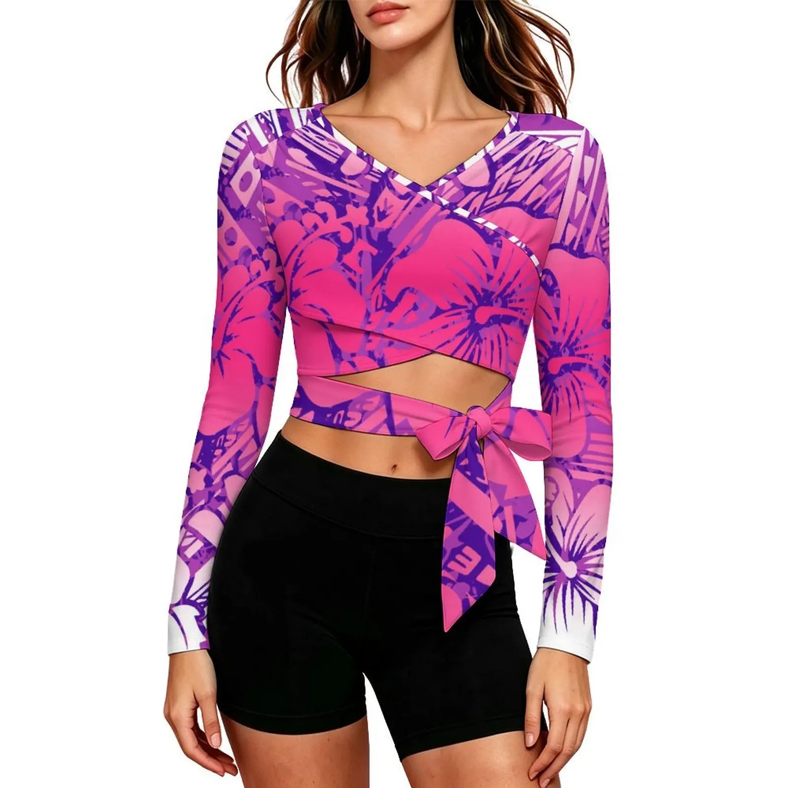 Tribal-Style Customizable Summer Women'S V-Neck Long-Sleeved Bow Tie Strap Open Design Blouse In Polynesian Style Clothing