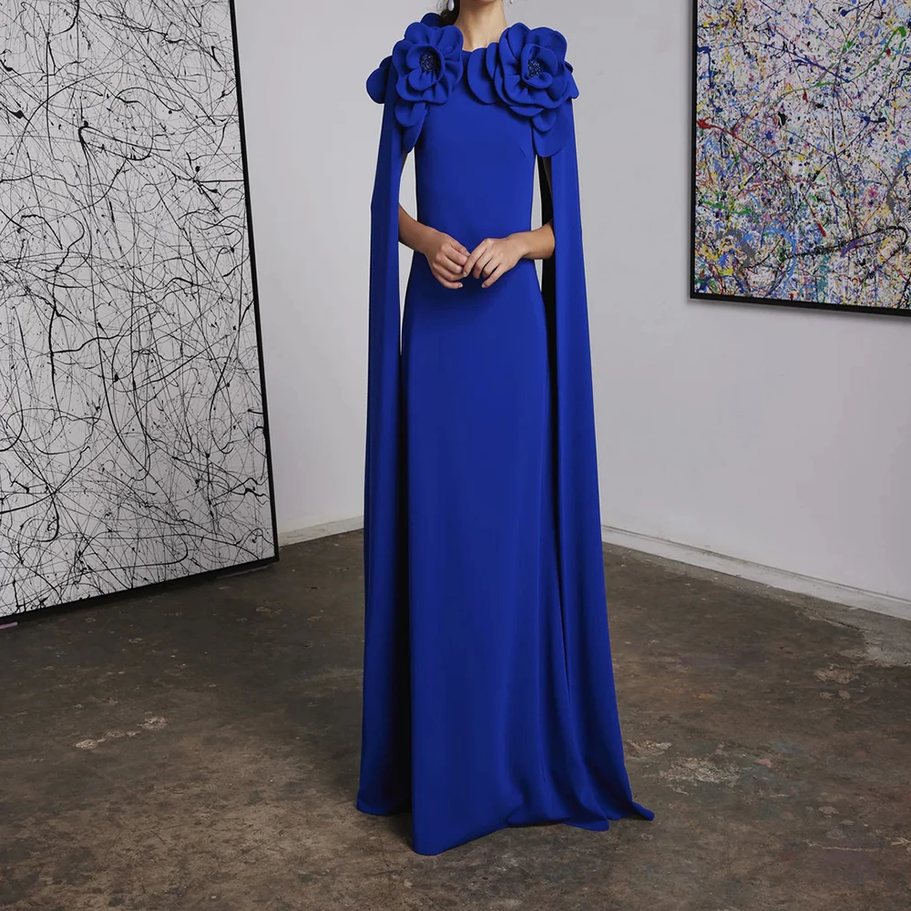 

Customized Mermaid Evening Dresses Floor-length O-neck Sleeveless Prom Gown Fashion Flowers Stole Simple Draped Party Gown