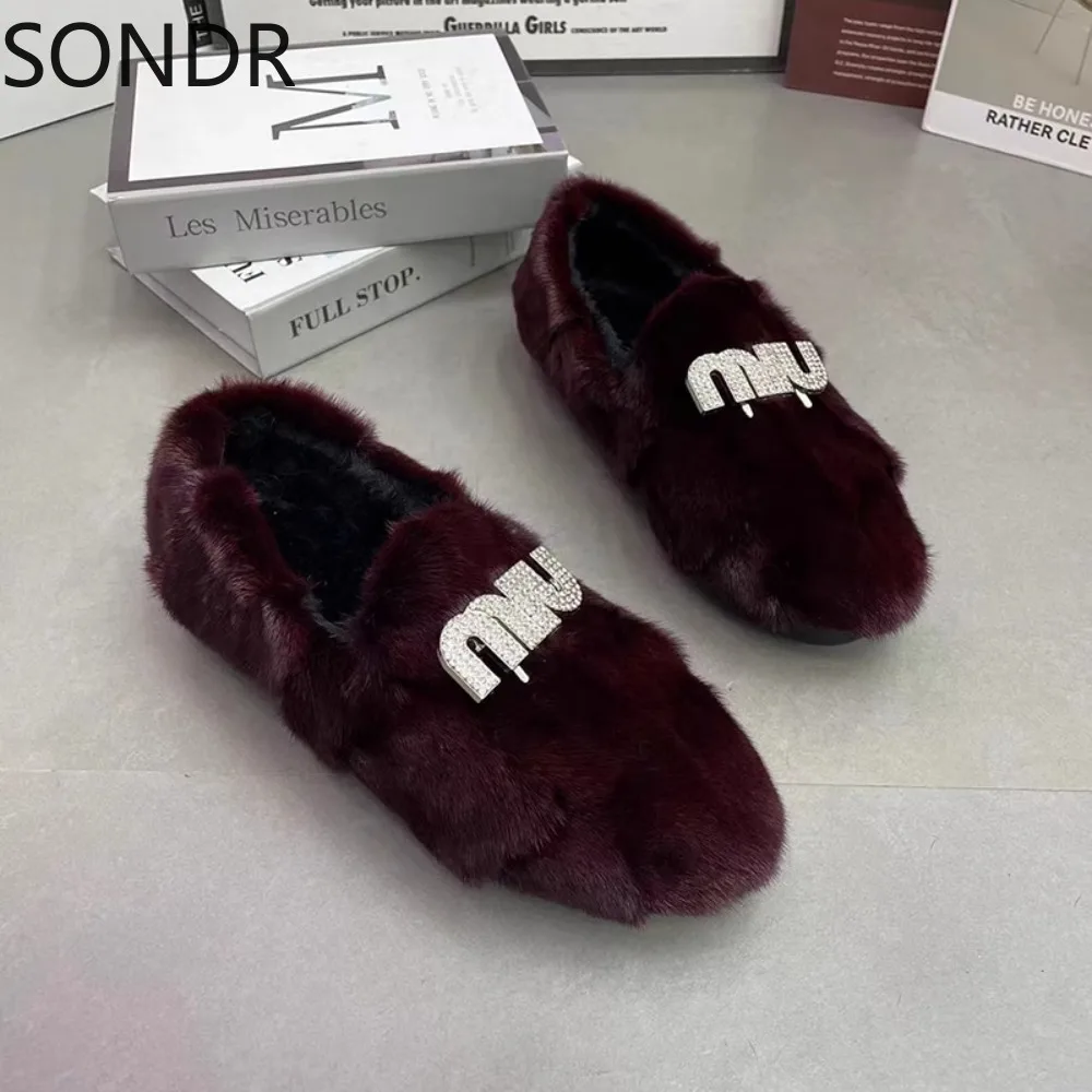 Womens Real Mink Fur Loafers Rhinestones Crystal Furry Flats Shoes Round Toe Warm Winter Snow Leopard Mixed Colors New 2024