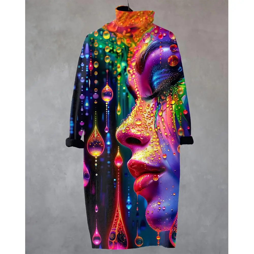 فستان نسائي مطبوع فني أفريقي برقبة عالية وأكمام طويلة فستان ميدي فضفاض أنيق وغير رسمي للحفلات/العطلات #5