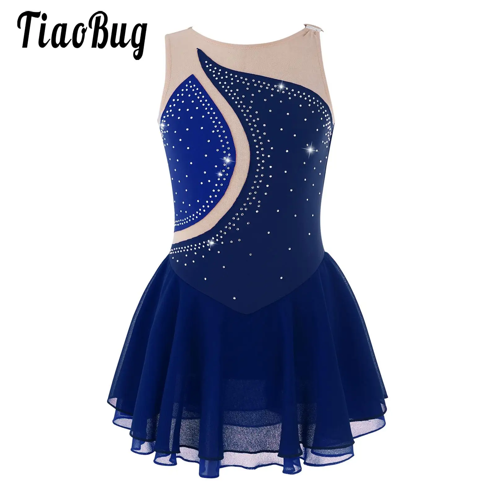 Girls Figure Skating Dress Glitter Sleeveless Ballet Dress Jersey Body Leotard with Rhinestone Gymnastics Competition Costumes