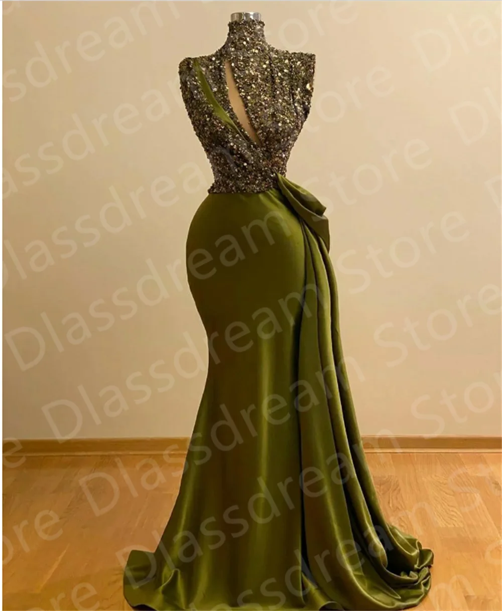 Elegante Jager Groene Kristallen Kralen Zeemeermin Prom Jurken Vintage Hoge Hals Avondjurk Saudi Arabische Lange Vestidos فساتين السهرة