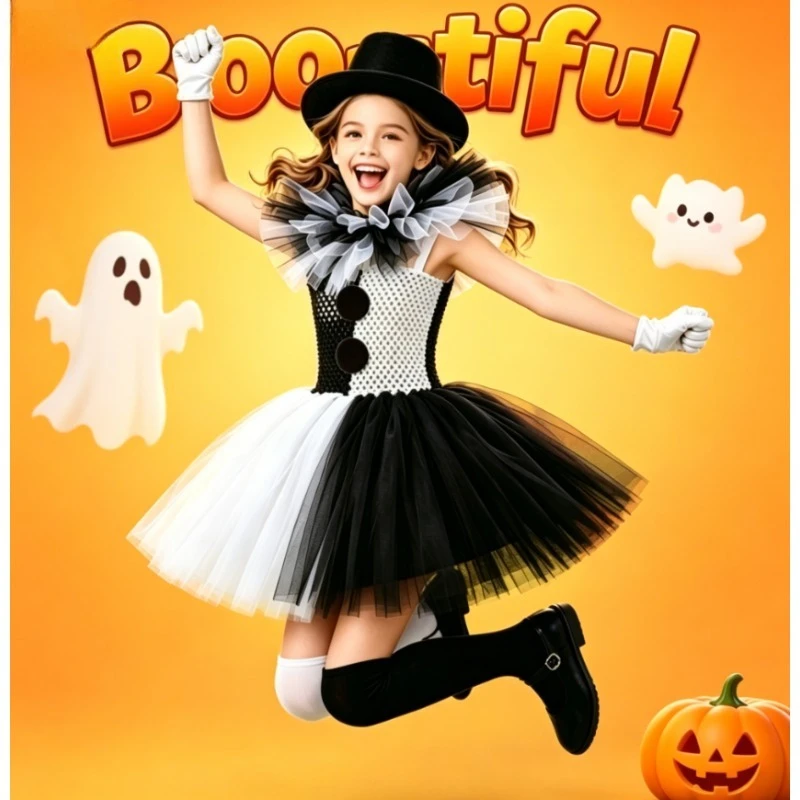 

Black White Clown Girls Tulle Tutu Dress Autumn Kids Outfit For Halloween Party Stage Show Festival Dress Up Daily Casual Wear