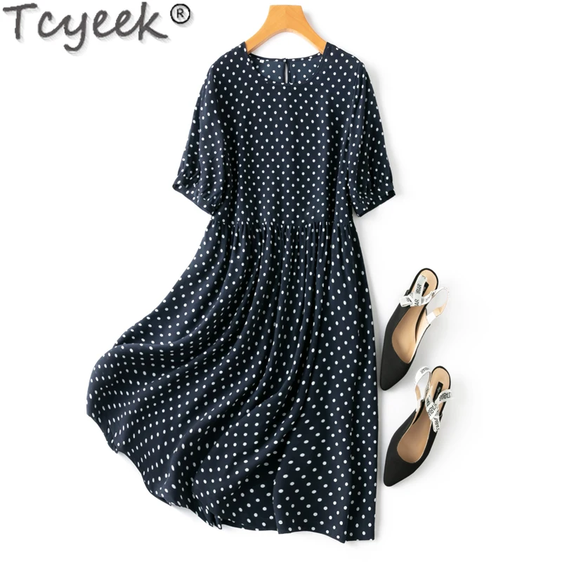 

Tcyeek 100% Mulberry Real Silk Dress Ladies Elegant Dresses for Women Clothes Spring Summer Midi Dresses Dot Vestido Feminino