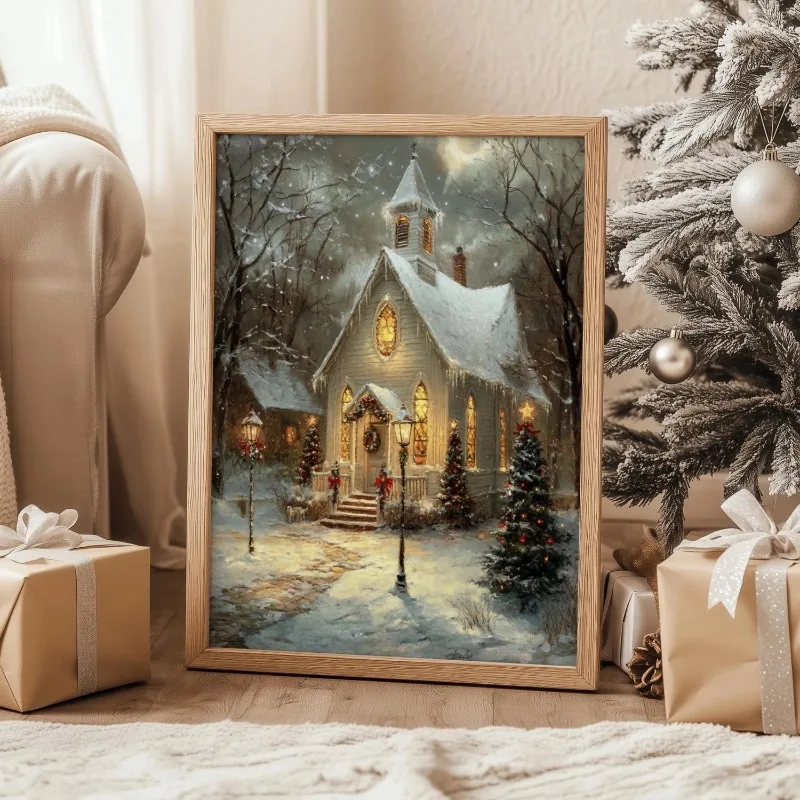 Vintage Snowy Church Christmas Canvas Wall Art Winter Night Chapel Scene Glowing Unframed Canvas Print Holiday Wall Decor