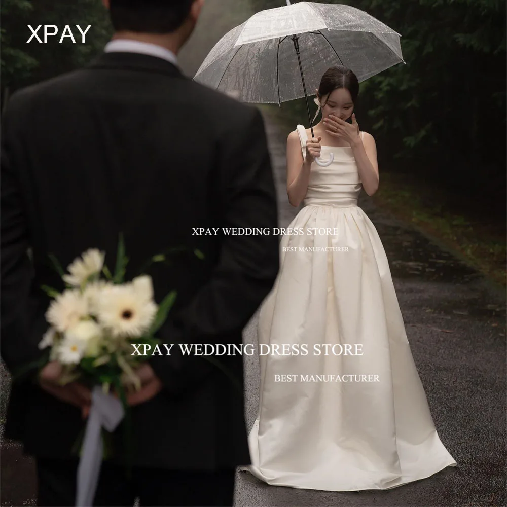 

XPAY Pleat Square Neck Satin Korea Wedding Dresses Photos Shoot Wide Straps Bride Gown Backless Custom Made Wedding Bridal Dress