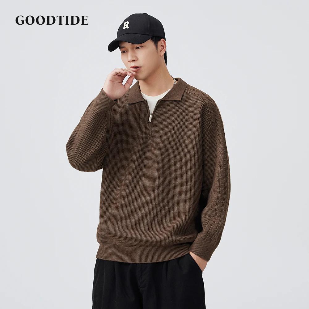 Fashion Men's Casual Polo Collar Half - Zip Sweater 2025 Autumn Winter New Waffle Knit Pullover Soft Long Sleeve Jumper Top