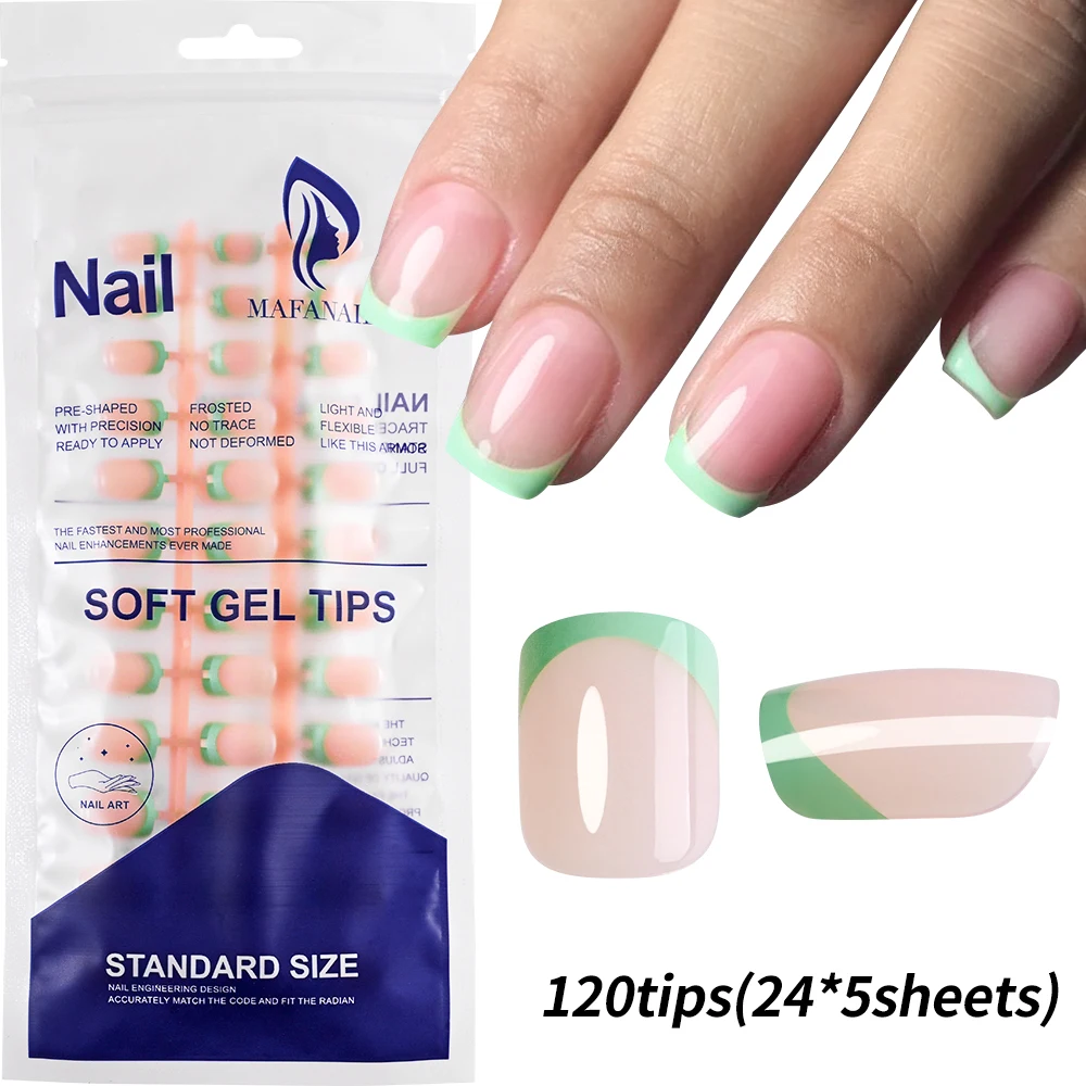 Press On Nails Square Glossy Rainbow Lines False Nail Tips Set_voghion.com