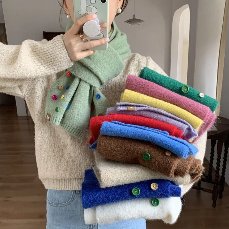 Korean Style Sweet Colorful Candy Button Solid Color Knit Scarf Warm Anti-Cold Neck Protection Narrow Version Wool Scarf Women