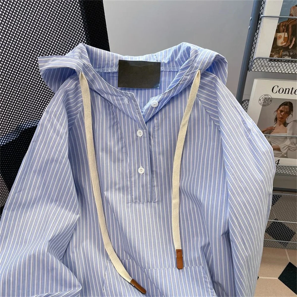Japanese Style Blue Stripe Hooded Shirts Women Man Spring Autumn Long Sleeves Loose Casual Hoodies Vintage All-matched Coat Tops