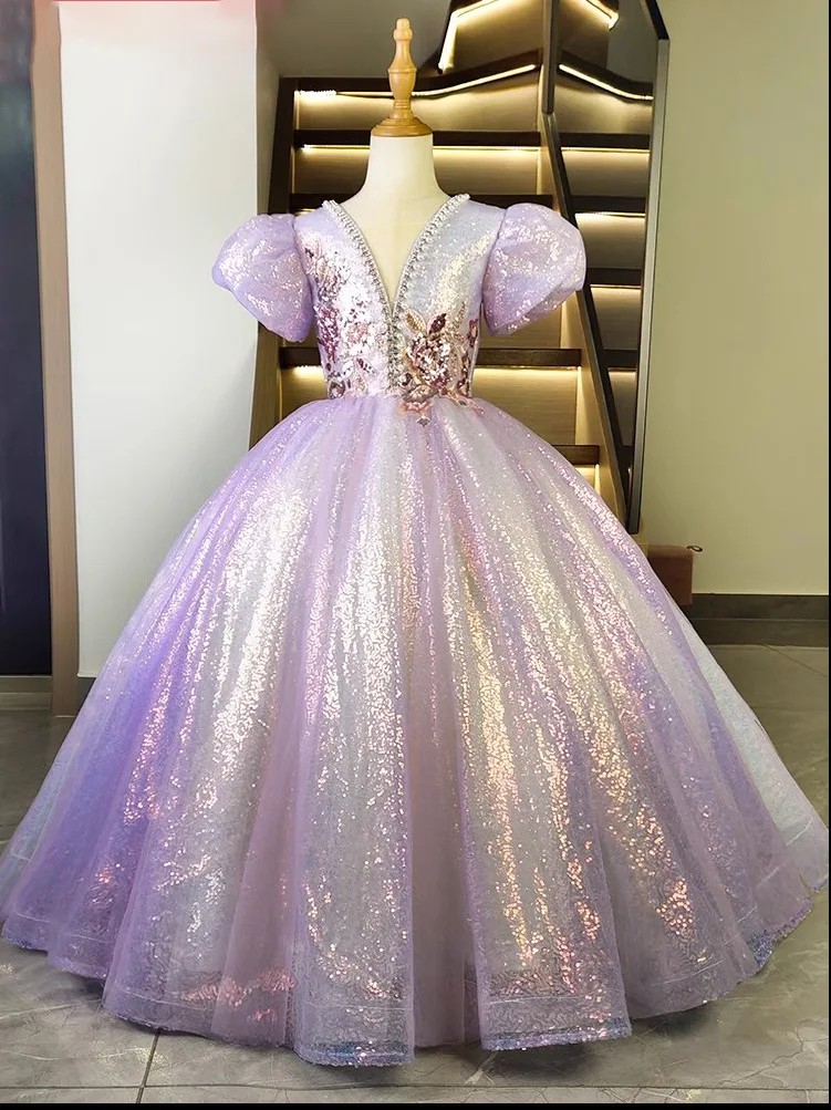 

Purple Sequined Dress for Little Girls Kids V-neck Beading Long Gown Children Performance Ball Costume baby Formal Dresses