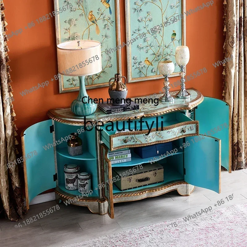 D178  American painted entrance cabinet, side cabinet, pure hand-painted storage semi-circular decorative cabinet
