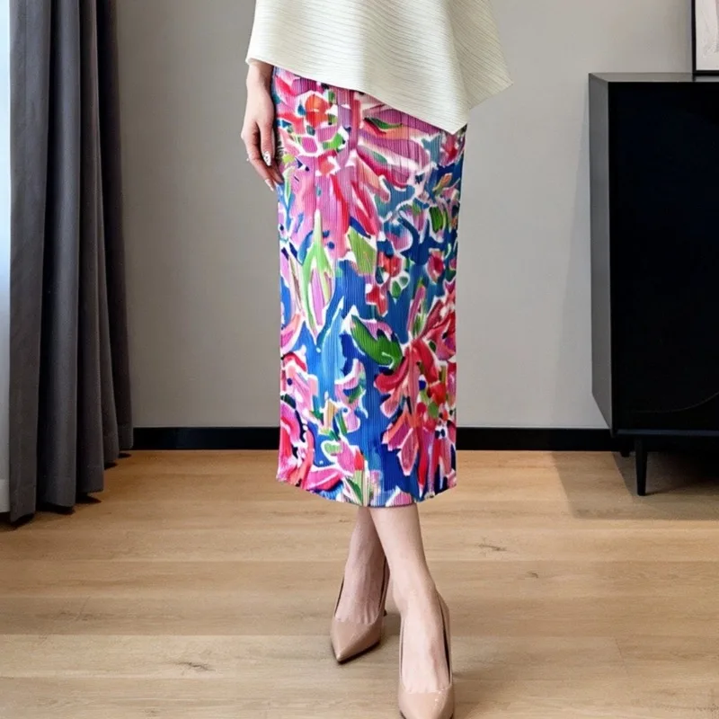 

Miyake Pleated Skirt Plisse Unique Original Print 2026 Niche Versatile Simple Oil Painting Jupe Floral Print Skirt New Summer