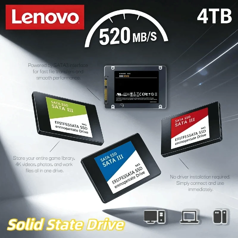 

Внешний твердотельный накопитель Lenovo 4 ТБ, USB 3.0, портативный SSD, скорость передачи данных 540 МБ/с, ударопрочный металлический корпус для настольных ПК и ноутбуков