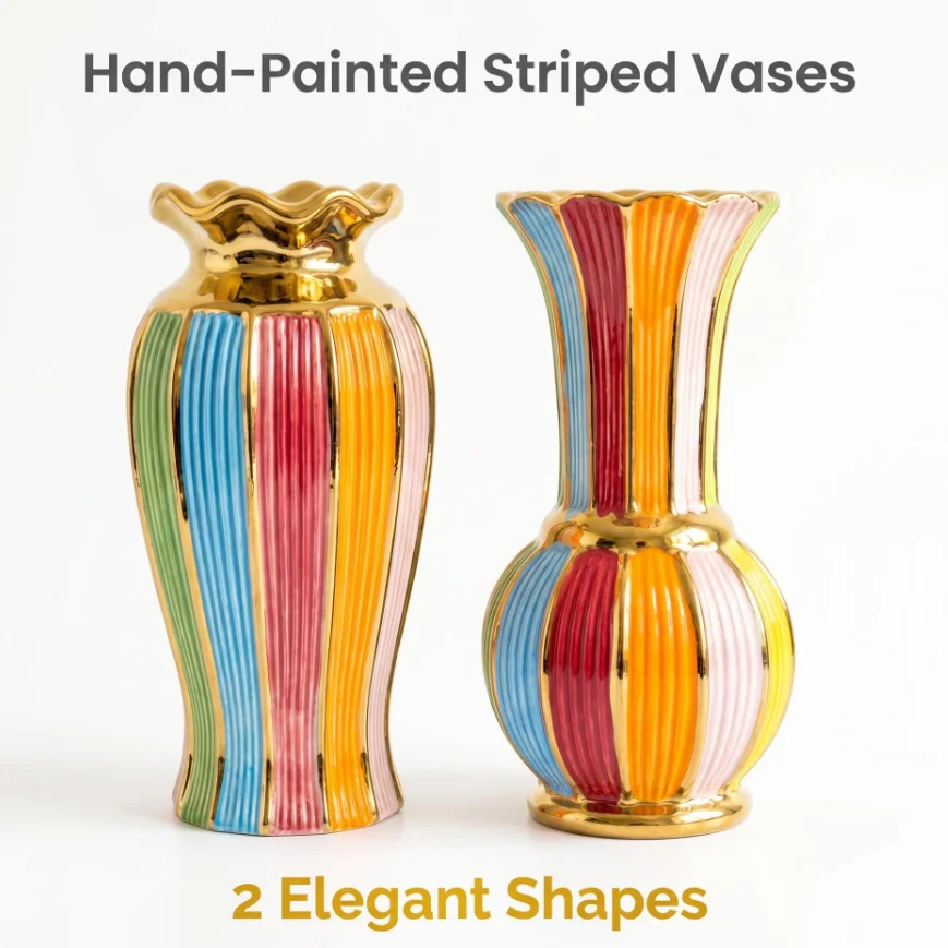 Light luxury gold border rainbow vase, ceramic flower ware, gift giving, home living room entrance, desktop decoration ornaments