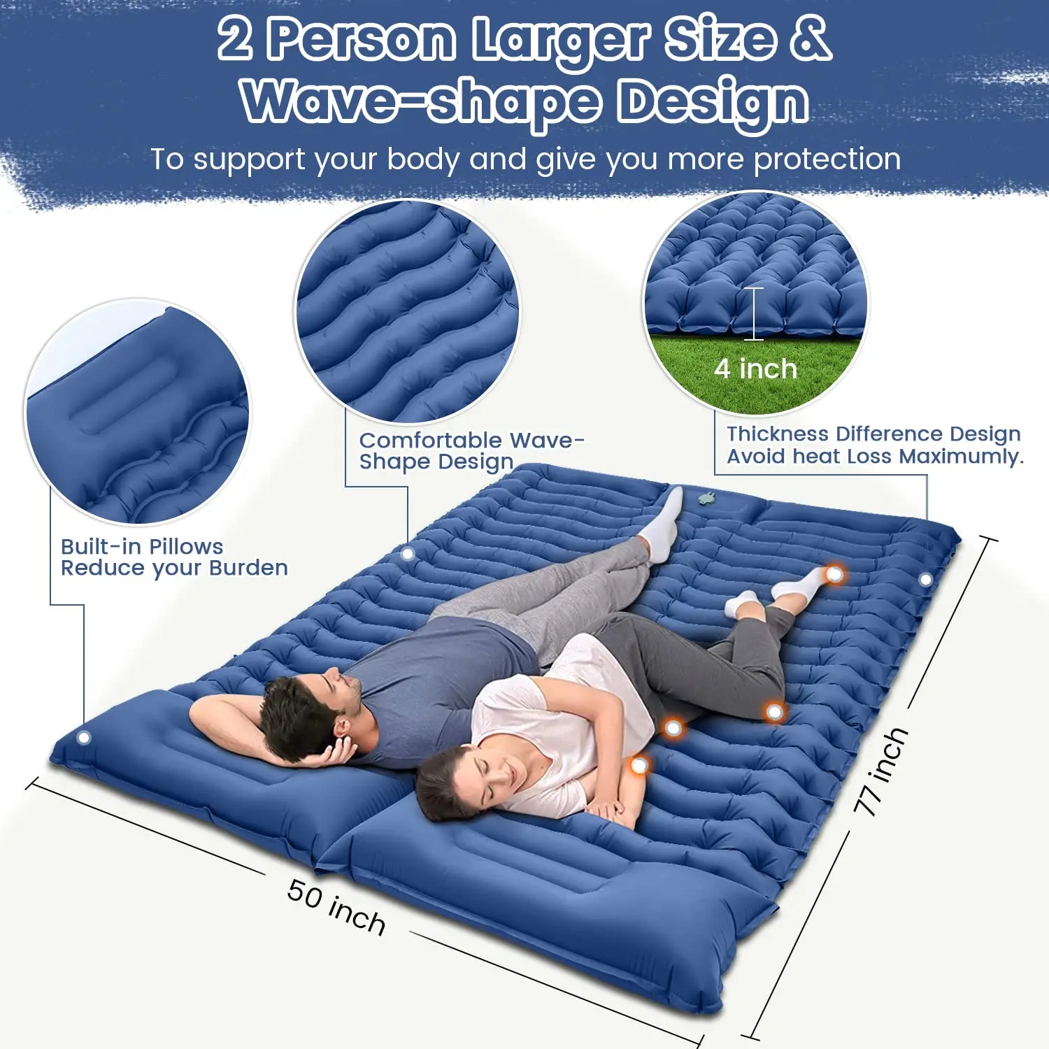Colchoneta doble para dormir, colchoneta autoinflable para acampar con almohada, bomba de pie integrada para senderismo, almohadilla de Camping impermeable portátil