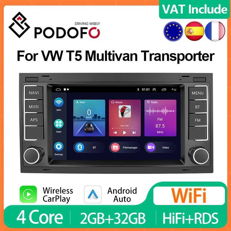 Podofo CarPlay Radio For VW Volkswagen Multivan Transporter Android Auto Car Multimedia Player 2din GPS Stereo HiFi Head Unit