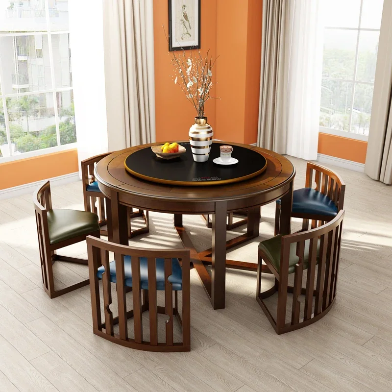 American-Style Solid Wood Dining Tables and Chairs Set Multi-Functional Constant Temperature Heating Turntable Meal