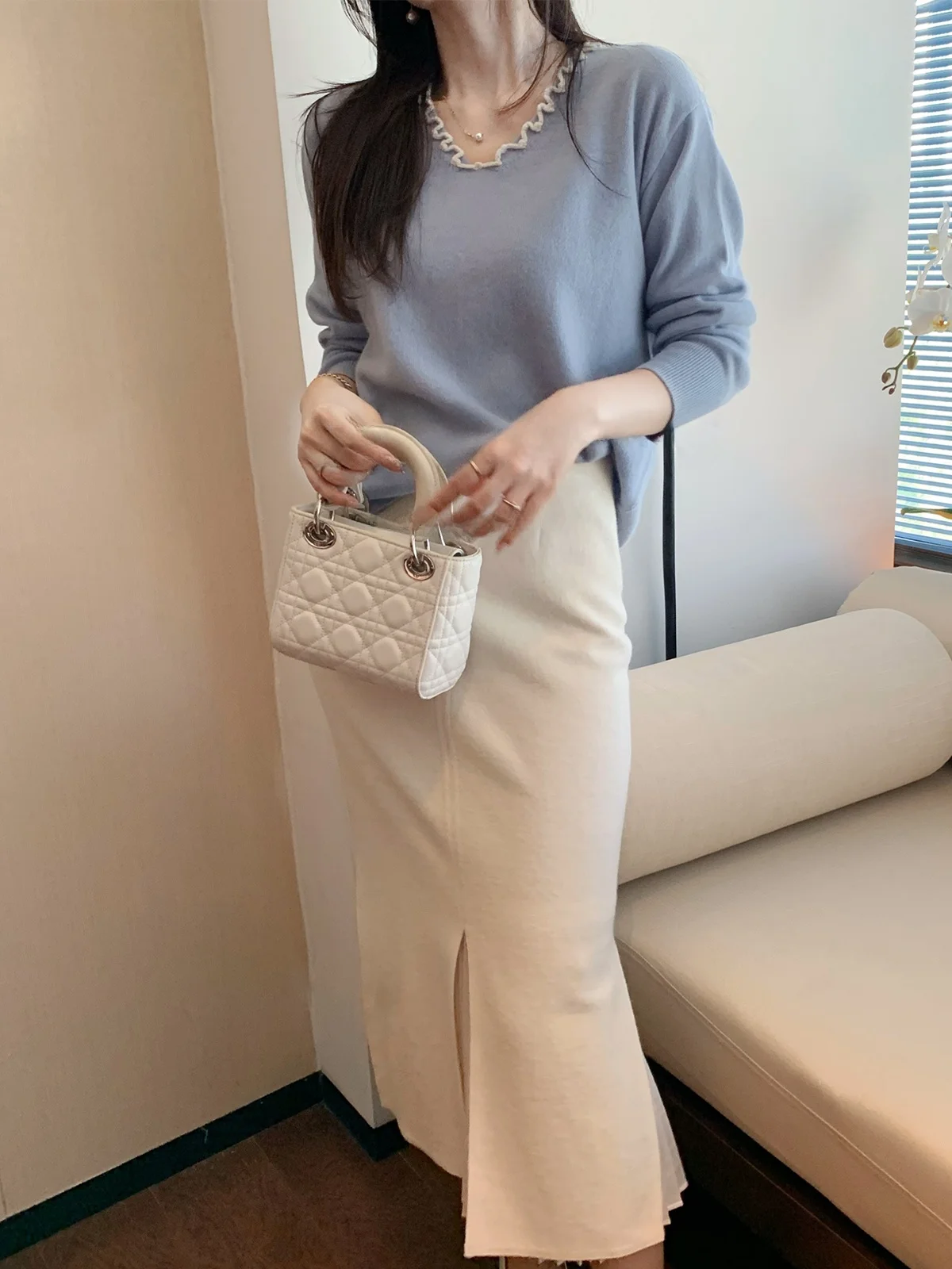 

DAJO'S Handmade Knitted V-ne Sweater 00 Wool Collar Lace Trim Simple Commute Sle Long Sve Regular Fit Women's Knitwear