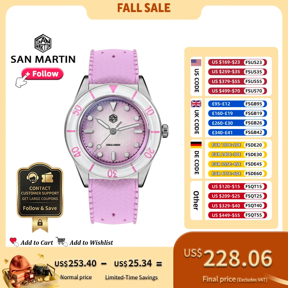 San Martin SN0151GS 32.5mm Ladies Quartz Watch Fashion Luxury Women Wristwatch Matching Couple Watch MOP Dial Sapphire WR200m