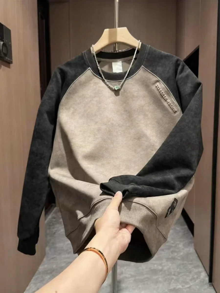 

Модный свитшот с круглым вырезом в стиле колор-блок для мужчин, повседневный базовый свитшот, осенне-зимняя новинка, модный, из смесового полиэстера и хлопка, стандартный крой